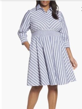 Eliza J blue and white smocked waist midi dress
